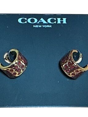 Coach Earrings, Red Enamel Signature C Gold Tone Hoop Small Huggie Post Back Nwt